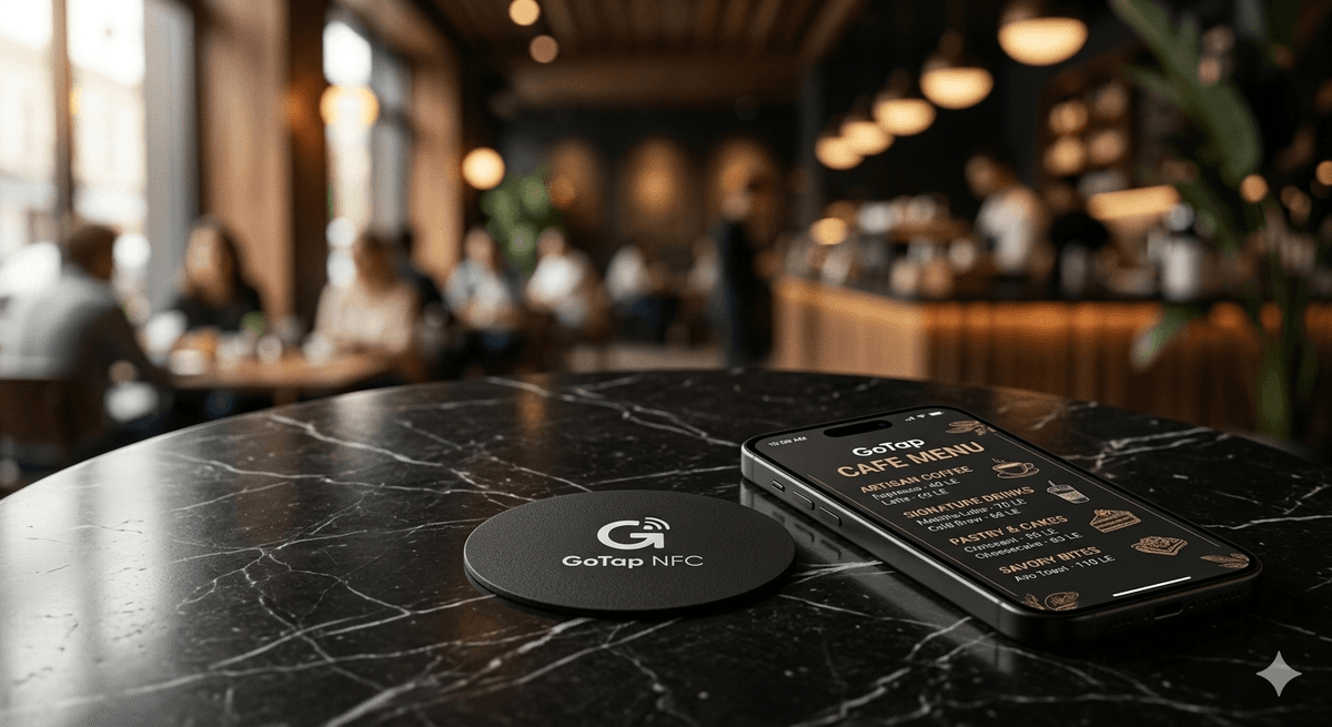 GoTap NFC sticker on a marble table next to a smartphone displaying a digital menu