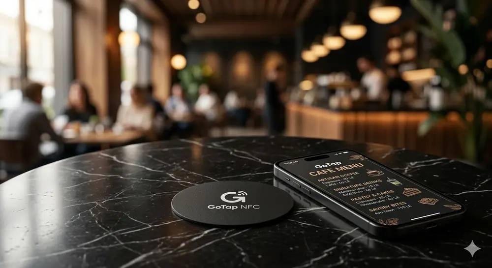 GoTap NFC sticker on a marble table next to a smartphone displaying a digital menu